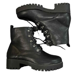 Bonnibel Black Lace-Up Chunky Sole Faux Leather Combat Boots with Buckles Size 9